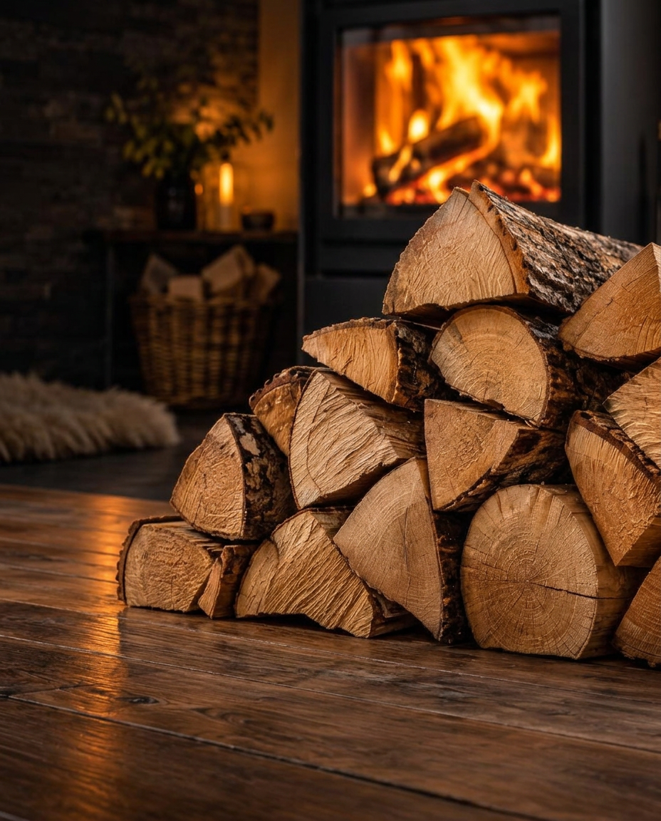 Bûches de bois devant un poêle